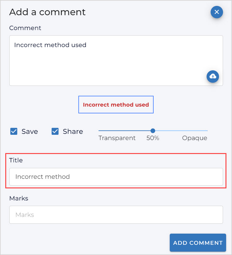 In the Add a comment dialog box contains Comment text field, the Title text field is highlighted and filled in.